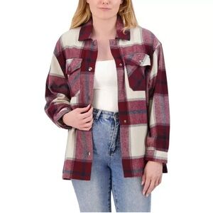 HFX Womens Shacket Multicolor Plaid Long Sleeve Button Front Oversized Jacket